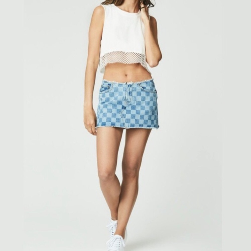 Carmar LF cutoff checkered jean miniskirt NWOT